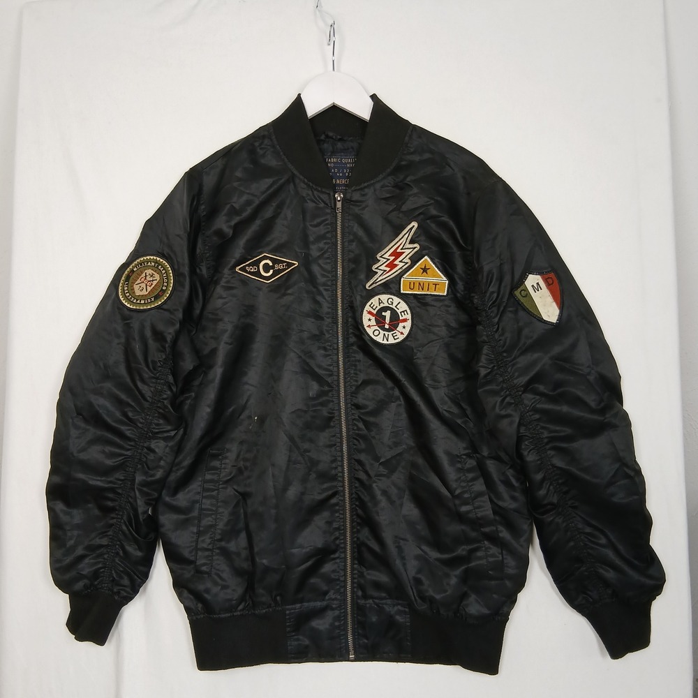 Bleecker & Mercer Mens Black Flight Bomber Jacket Military Patches Size L